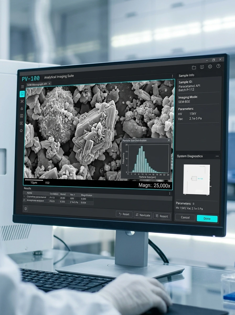 SEM imaging of pharmaceutical sample — API powder particle morphology and tablet surface analysis using Module Sci PV-100 tabletop SEM India — Global Bioscience Solutions GBS