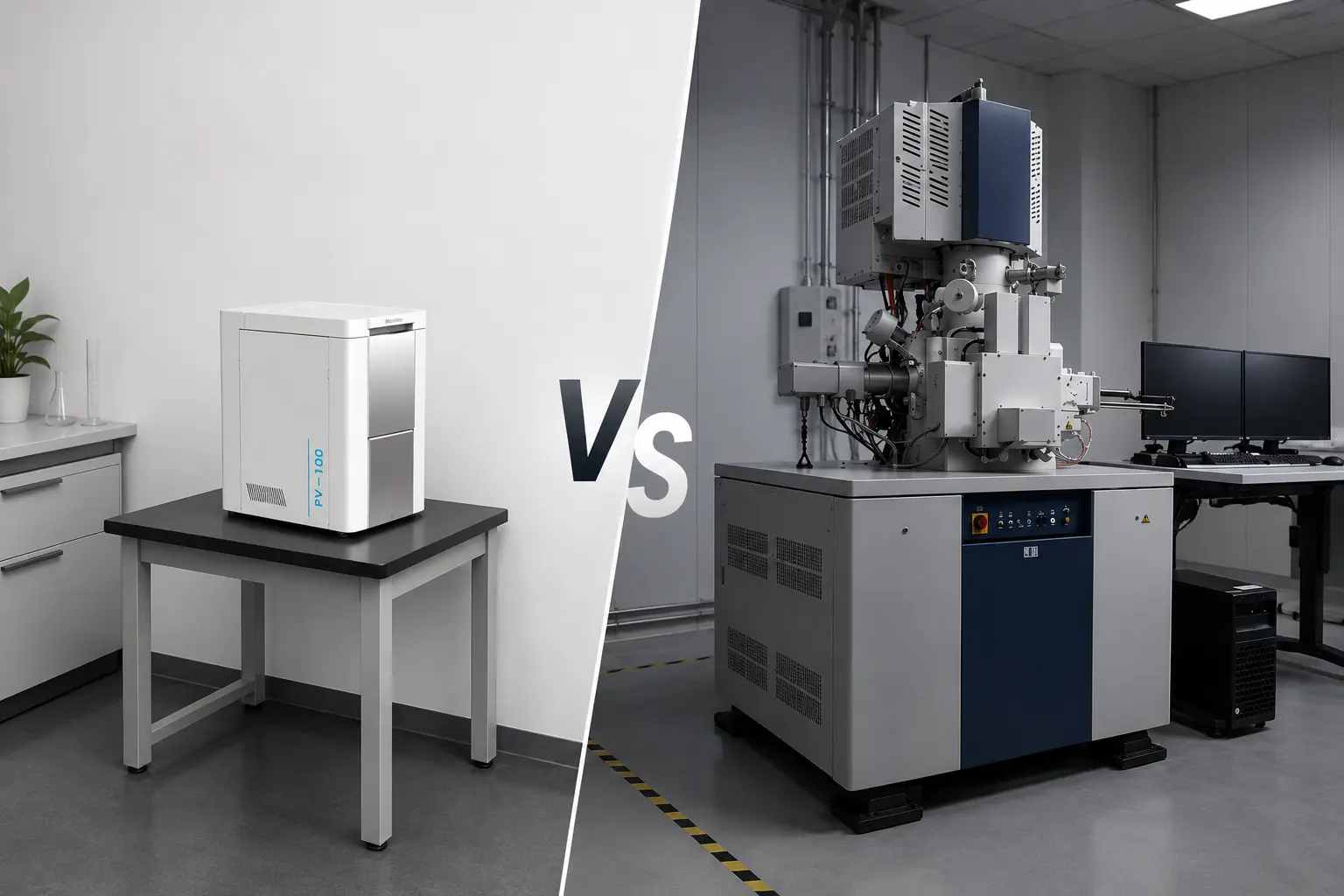 Tabletop SEM versus full-size SEM comparison — bench-top scanning electron microscope vs traditional dedicated-room SEM system India — Global Bioscience Solutions GBS